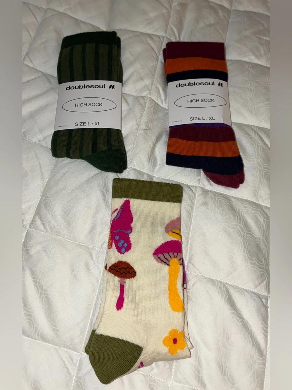 Doublesoul Socks -set of 3 Olive Green, Multicolor & Cream Pattern - Sz L/XL